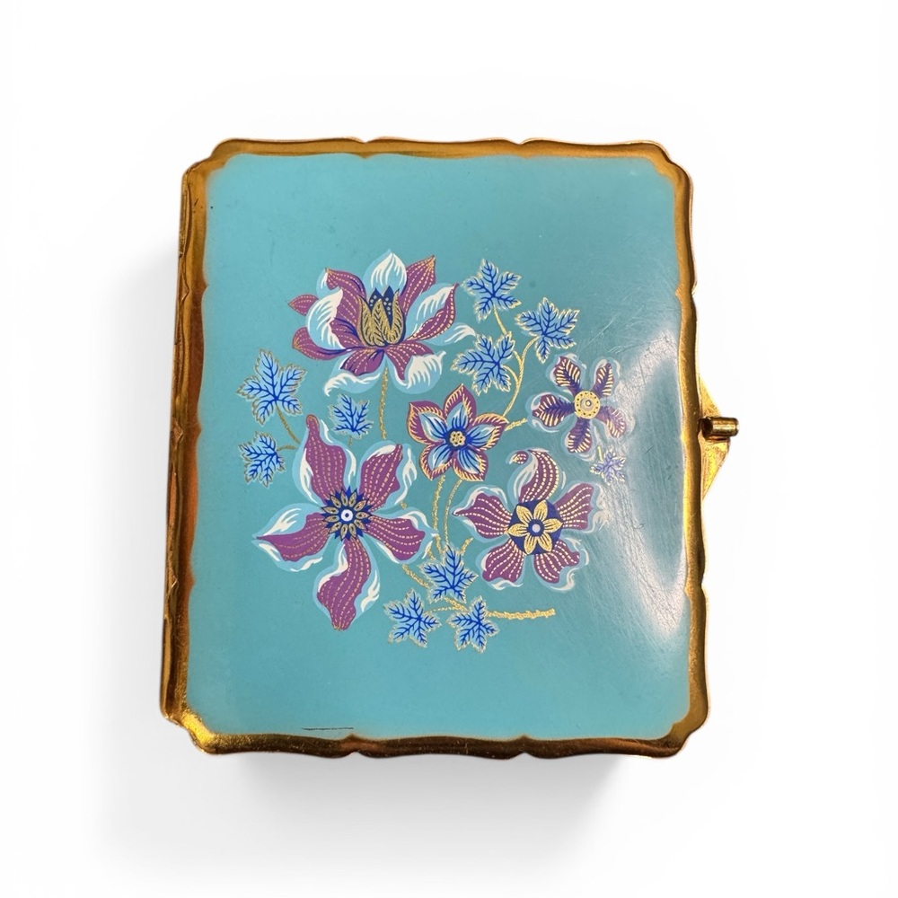 Vintage Stratton Ladies Cigarette Case Floral Blue Enamel and Gold Tone 1950’s